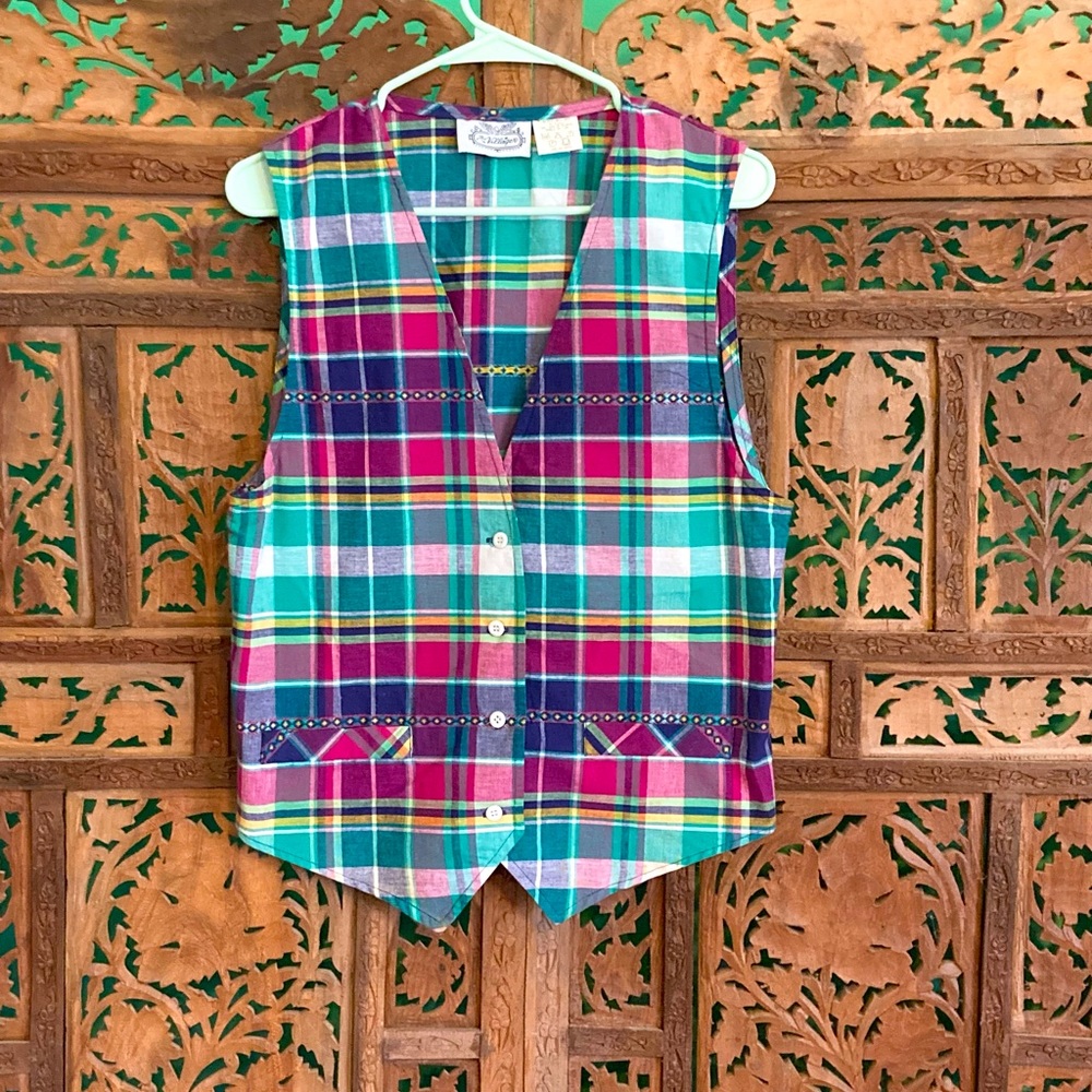 Light madras plaid vest with southwest feel